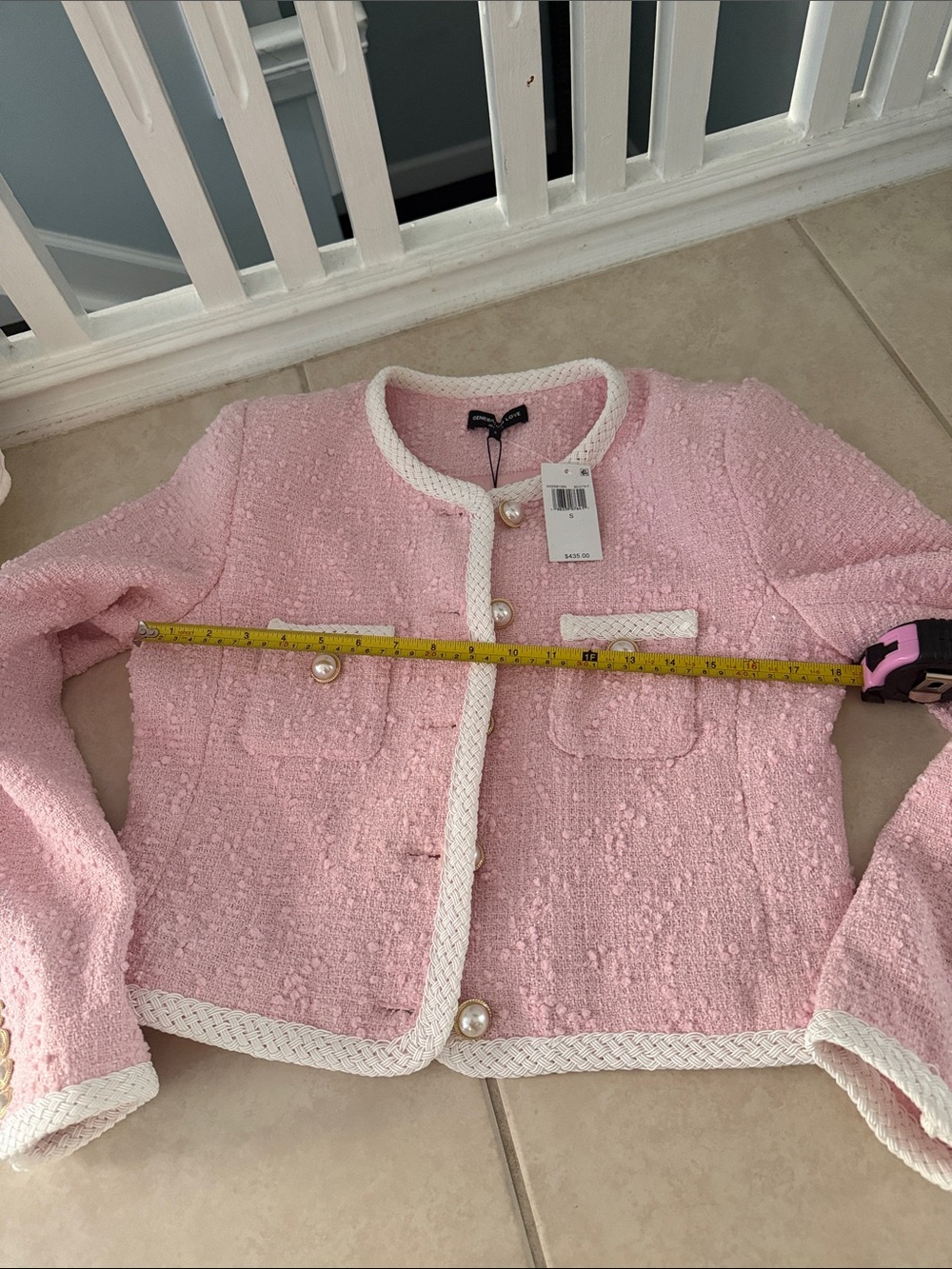 Generation Love Pink Tweed Pearl-Button Cropped Blazer with Cream Trim - Picture 5 of 6